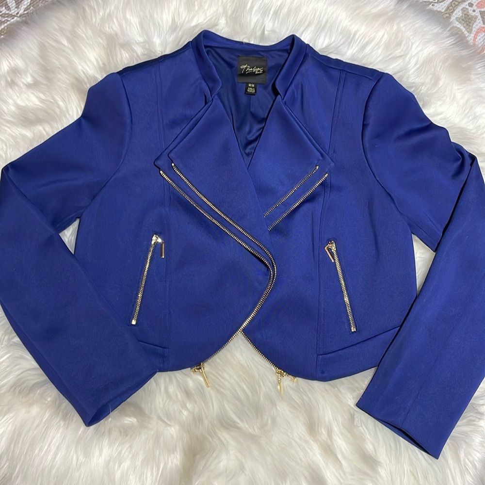 Thalia Sodi Royal Blue Double Breated Cropped Jacket Gold Zippers -M-#0089